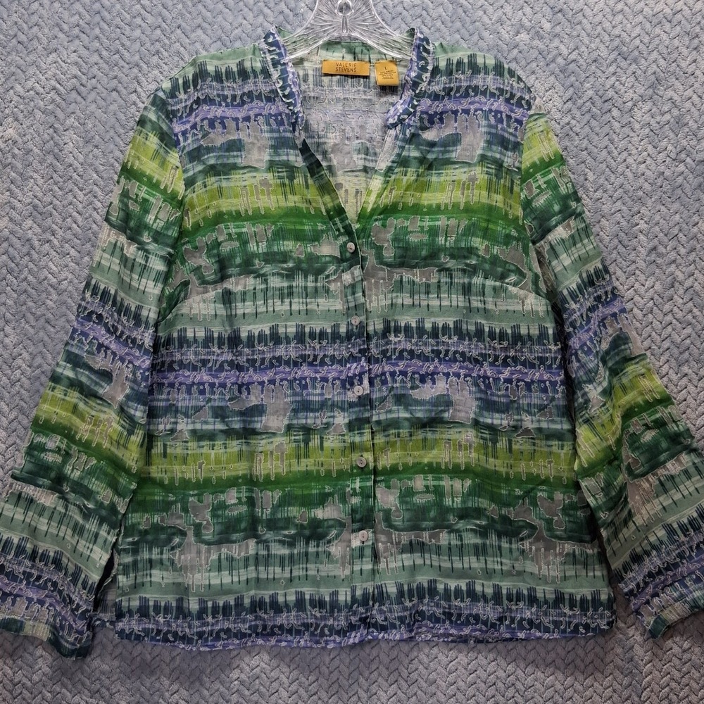 Valerie Stevens Blue Abstract Burnout Button Front Blouse Large Linen Blend